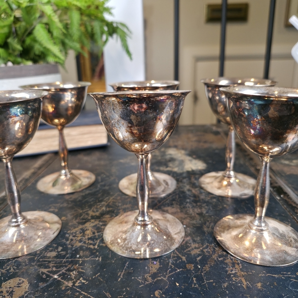 ​Set of 6 Vintage Birks Primrose Plate Silver Cordial Goblets Gold Wash Interior - Picture 5 of 14